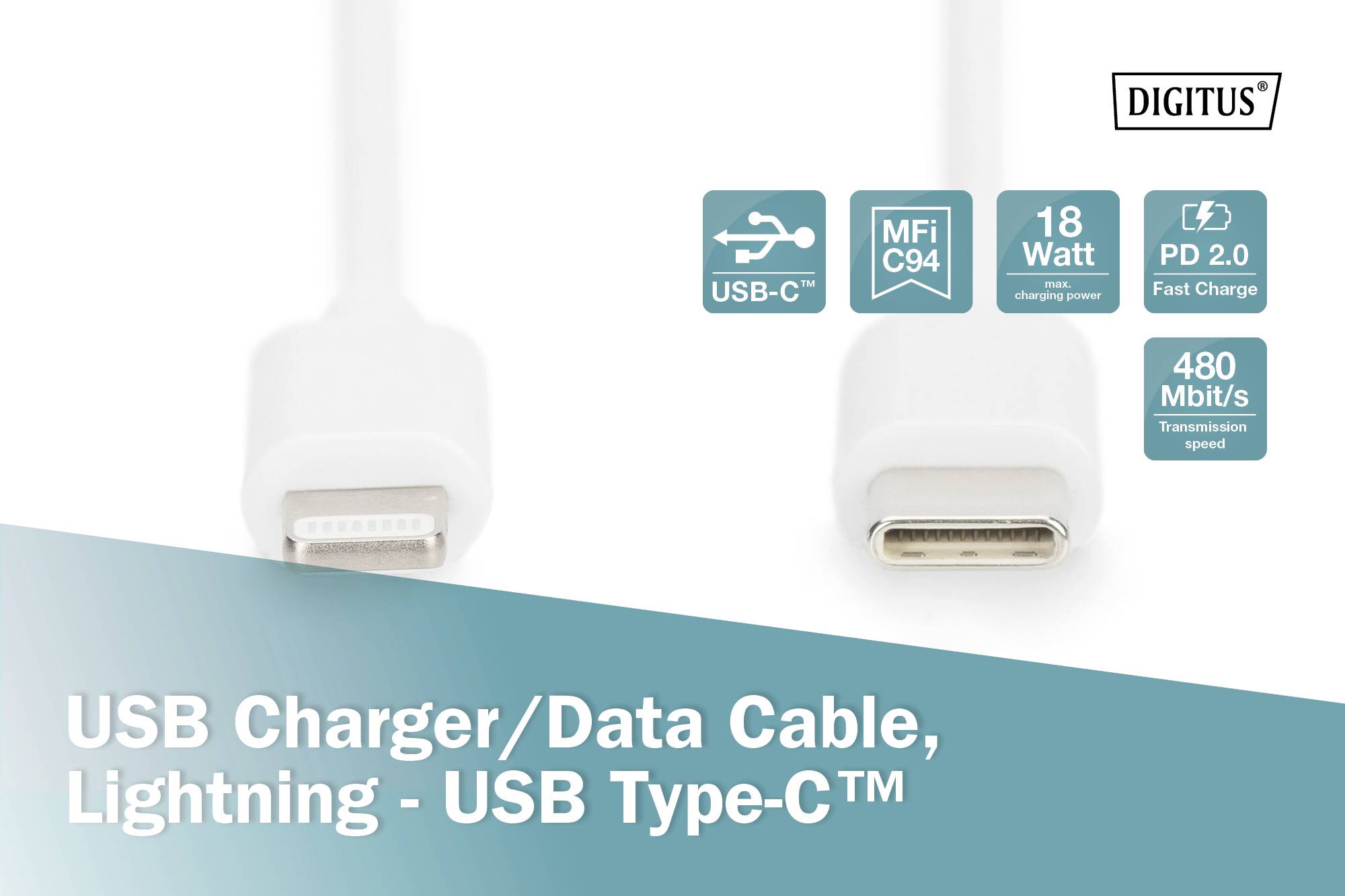 Bílý USB nabíjecí/datový kabel s Lightning a USB-C konektory. Podporuje MFi C94, 18W rychlonabíjení, PD 2.0, 480 Mbit/s.