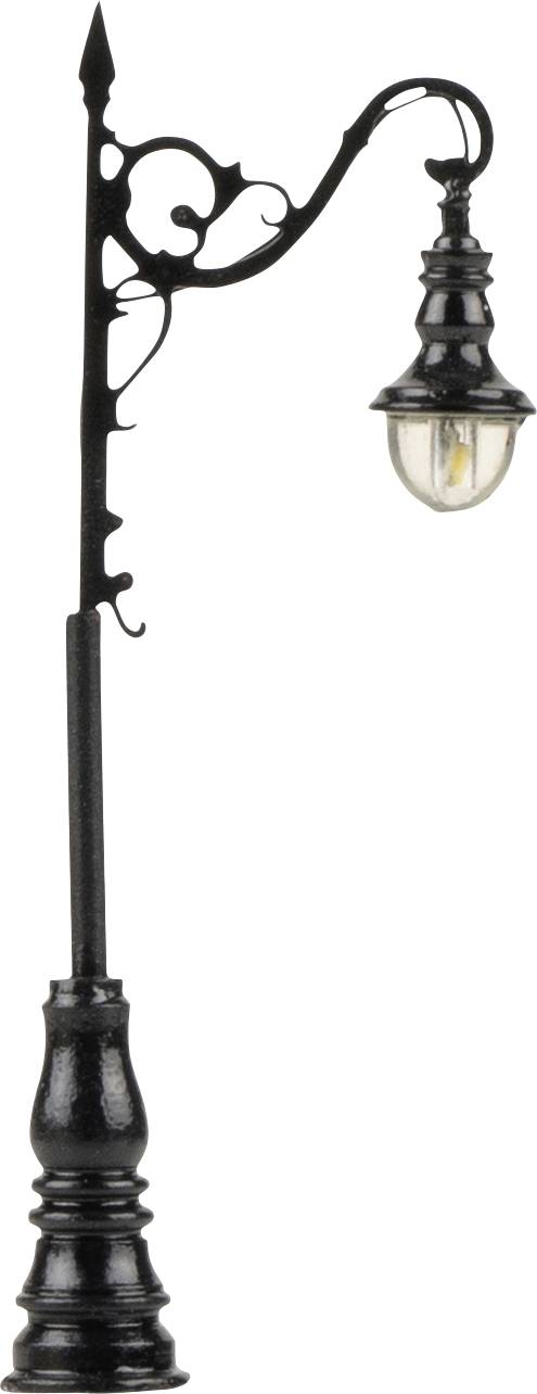 Elegantní, černá pouliční lampa v antickém stylu s křivkovitým ramenem a skleněným stínidlem.
