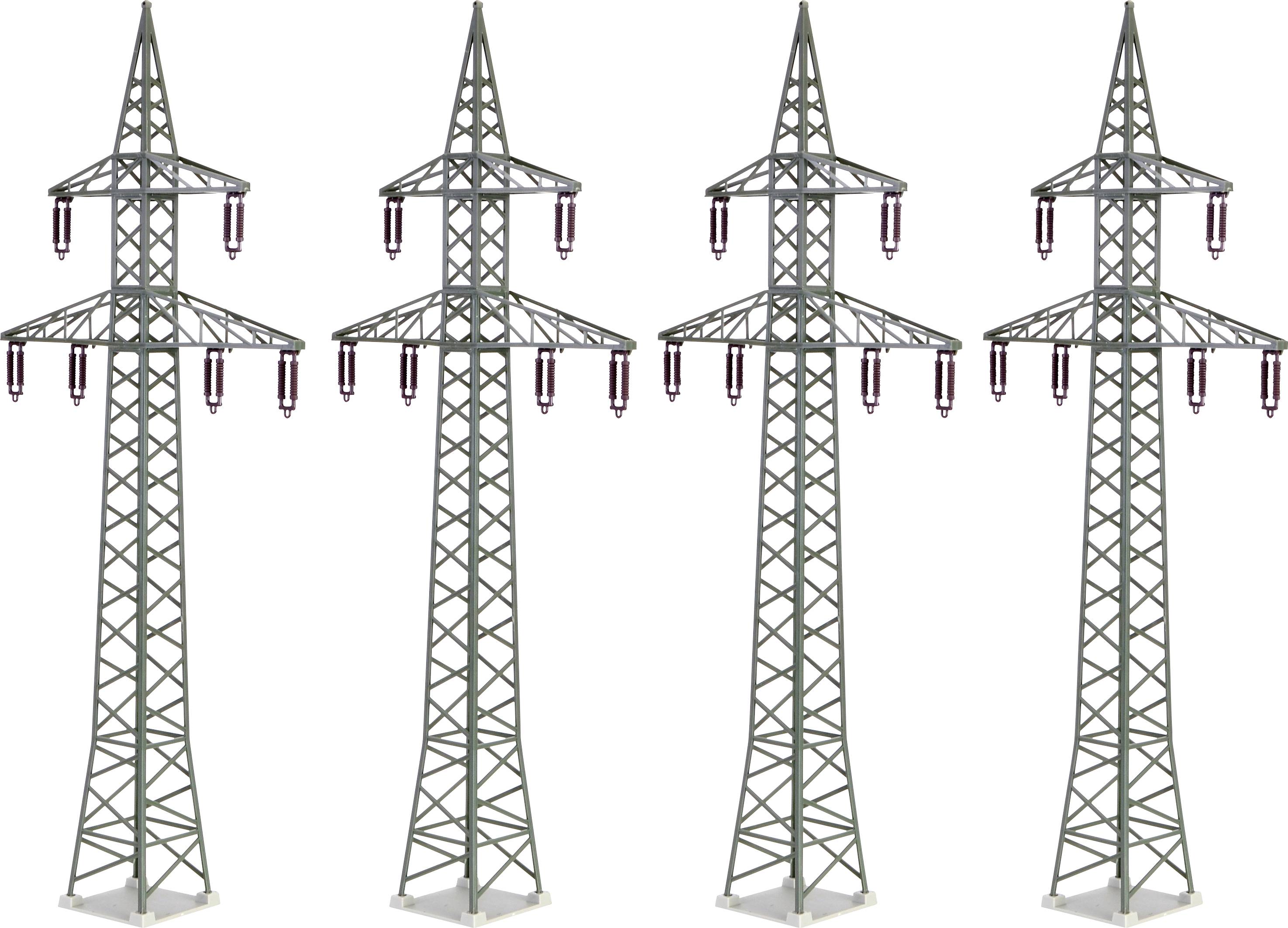 Čtyři samostatné kovové elektrické stožáry rozmístěné v pravidelných rozestupech. Stožáry mají trojúhelníkovitý design s izolátory na ramenech.