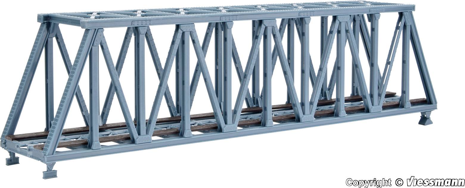 Model modré příhradové železniční mostní konstrukce.