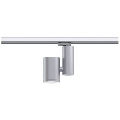 Stříbrná kolejnicová lampa s válcovitým designem, namontovaná na stropě. Je navržena minimalisticky a moderně.