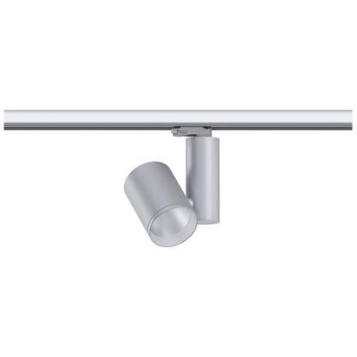 Stříbrný stropní reflektor v moderním designu připevněný na kolejnici. Otočné válcové těleso lampy pro cílené osvětlení.