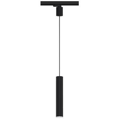 Černá válcovitá závěsná lampa visící na štíhlé tyči. Vhodná pro moderní interiérové osvětlení.