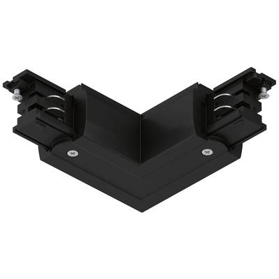 Černý L-tvarový spojovací prvek se šrouby, určený pro propojení elektrických sběrnic v osvětlovacím systému.