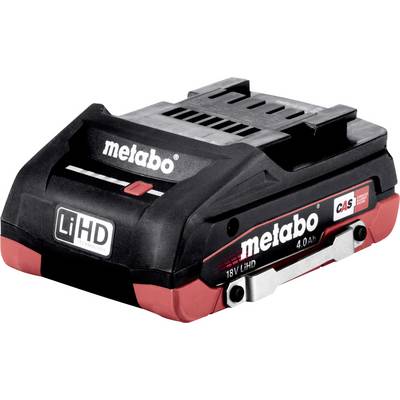 Baterie Metabo LiHD 18V 4.0Ah s nabíjením, černá a červená s viditelnými značkami značky.