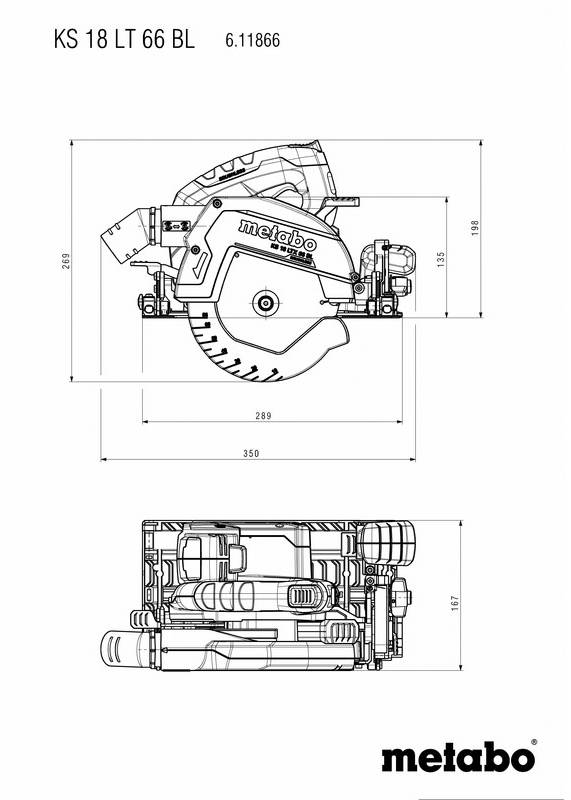 Obrázek technických výkresů okružní pily Metabo s rozměry. Zobrazuje pohled zpředu a z boku, model 'KS 18 LT 66 BL'.