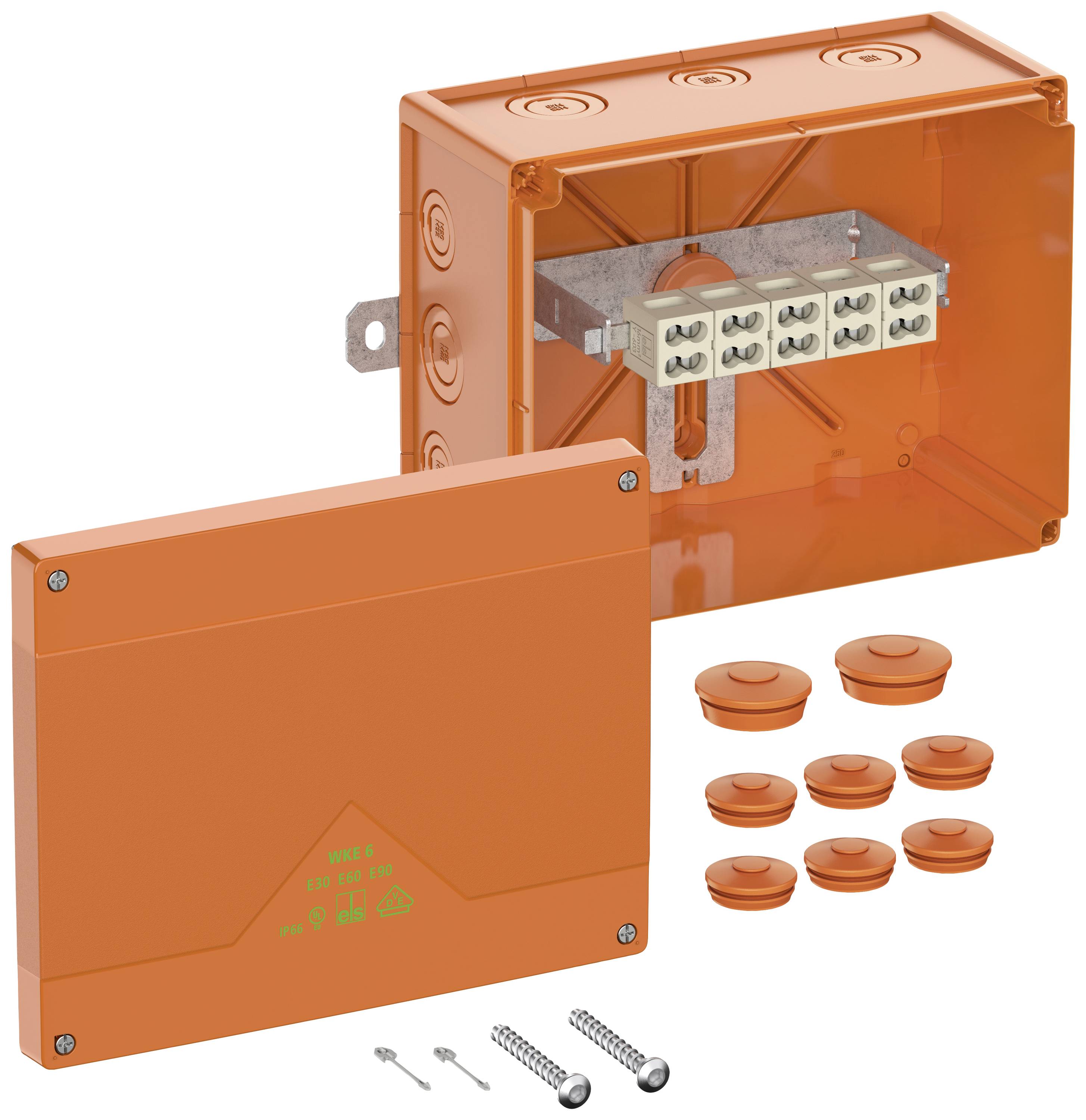 Oranžový elektrický rozvodný box s odnímatelným krytem a několika elektrickými přípojkami, vedle něj šrouby a kryty.