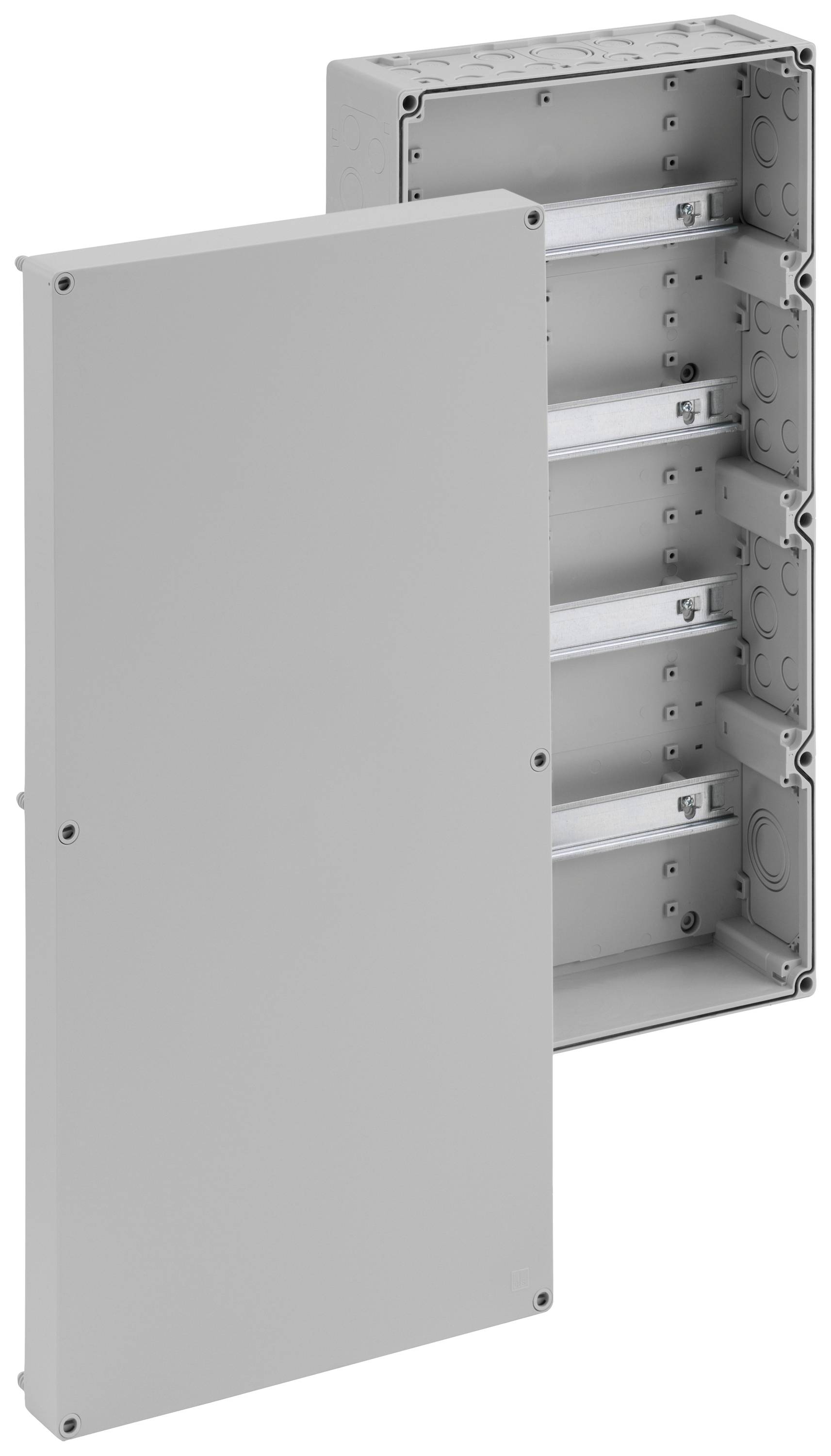 Elektrický rozvaděč z kovu, otevřený, zobrazující několik řad pro elektrické obvody. Víko vedle něj. Vhodný pro vnitřní instalaci.
