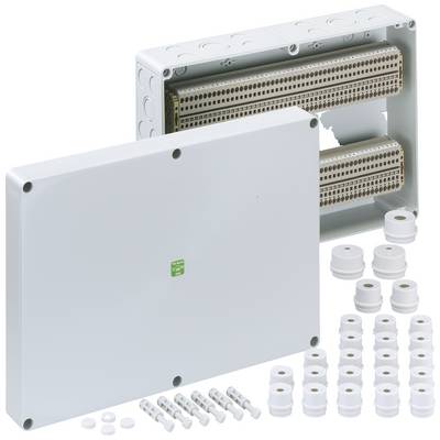 Elektrická rozvodná skříň s odnímatelným víkem, která obsahuje dvě řady svorek a má různé kabelové průchodky.
