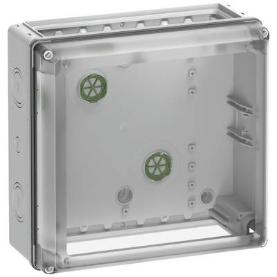 Prázdná plastová rozvodná krabice pro elektrické instalace, průhledná, čtvercového tvaru; viditelné: větrací prvky, šroubovací body.