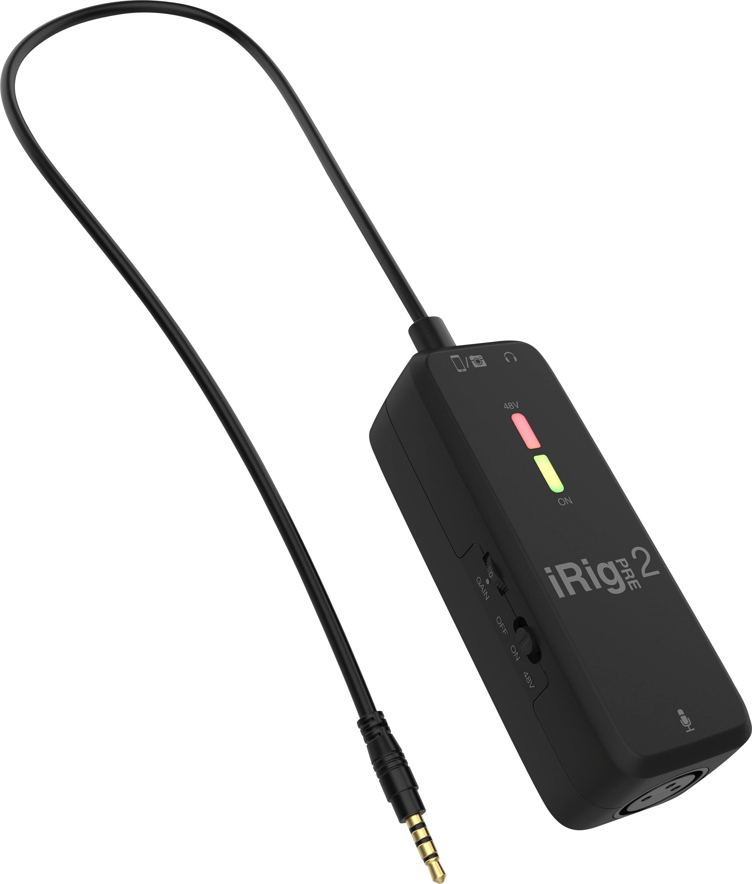 Černé rozhraní iRig 2 s kabelem, zobrazující dvě LED indikátory v zelené a červené barvě, s mikrofonními a kytarovými vstupy; slouží k nahrávání audia.