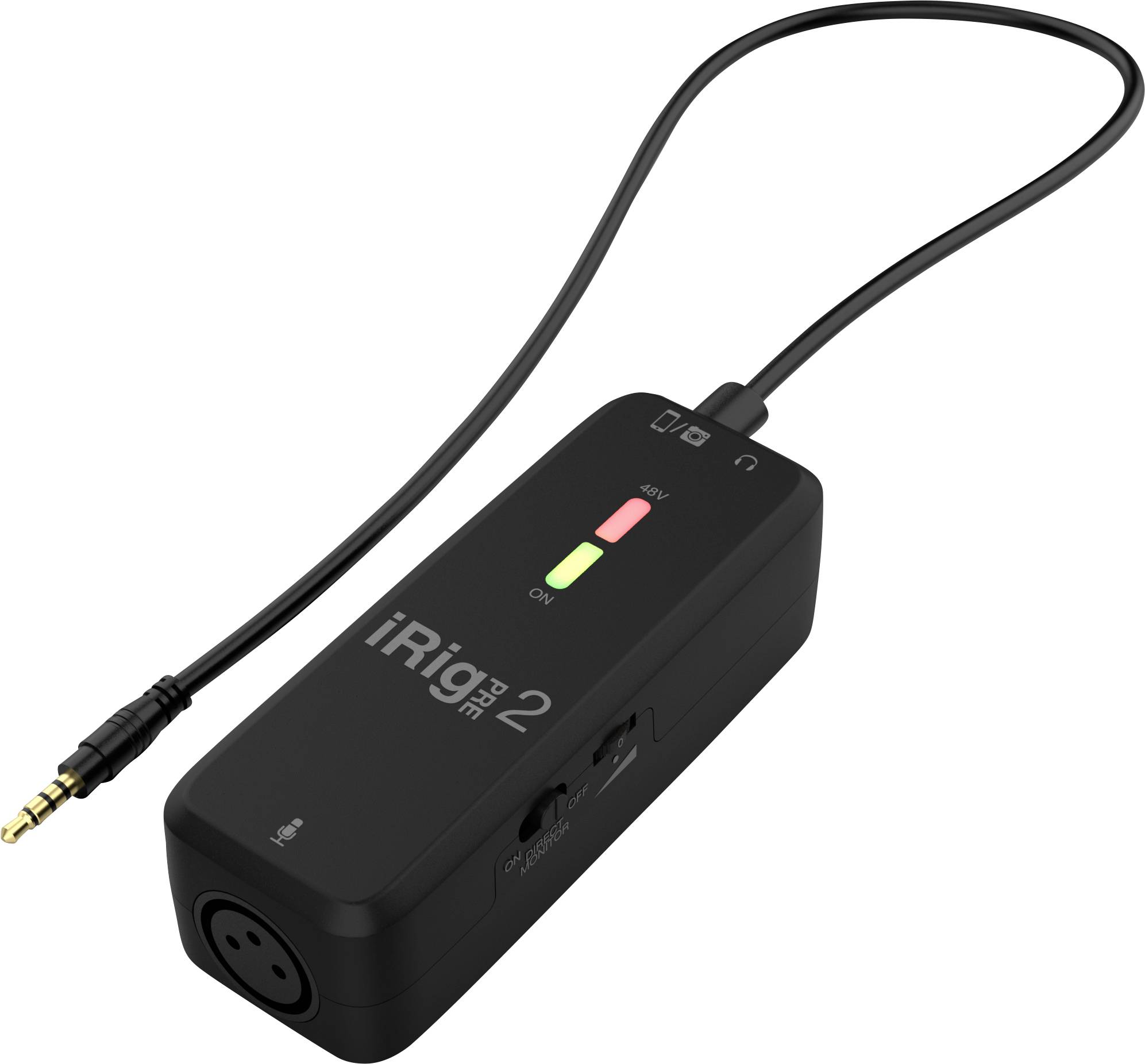 Malé černé audio rozhraní s XLR vstupem a kabelem. Nese nápis 'iRig Pre 2' a má LED indikátory provozu.