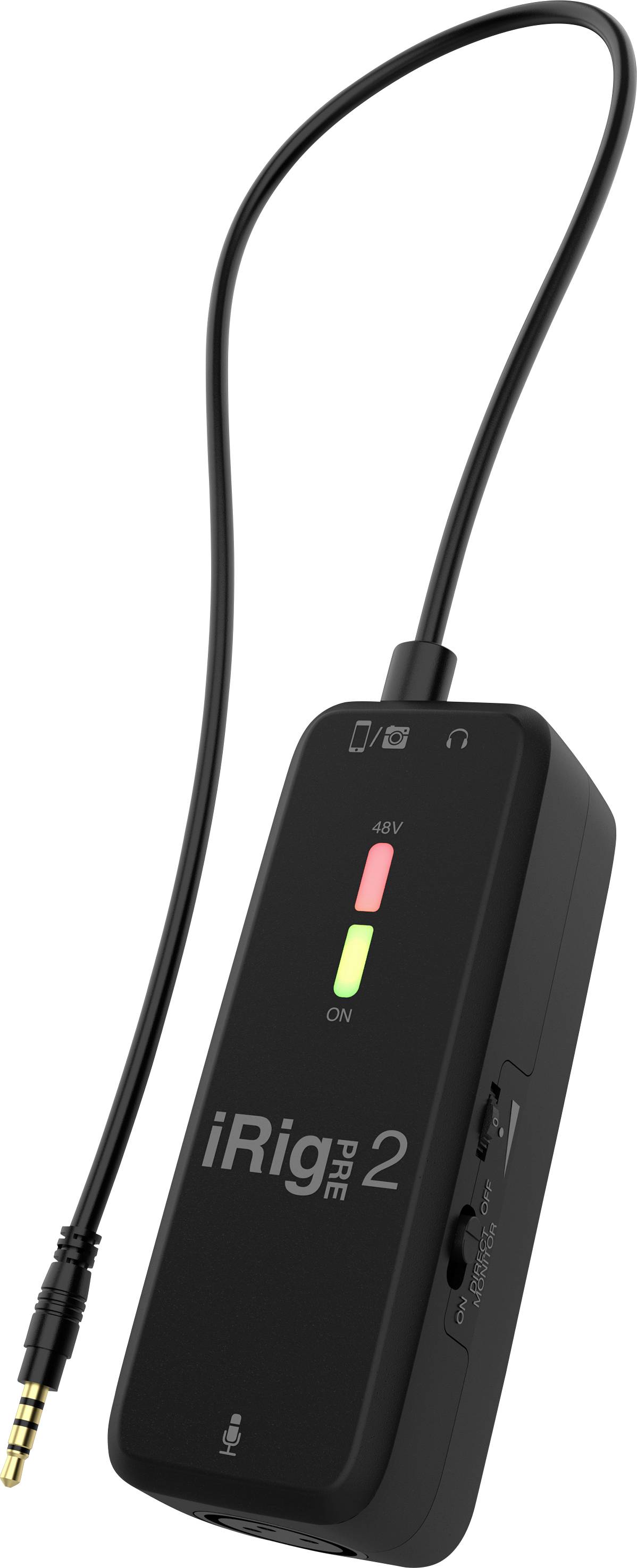 Přenosné audio rozhraní 'iRig Pre 2' s kabelem, mikrofonním vstupem a regulátorem hlasitosti. Ideální pro mobilní hudební nahrávání.