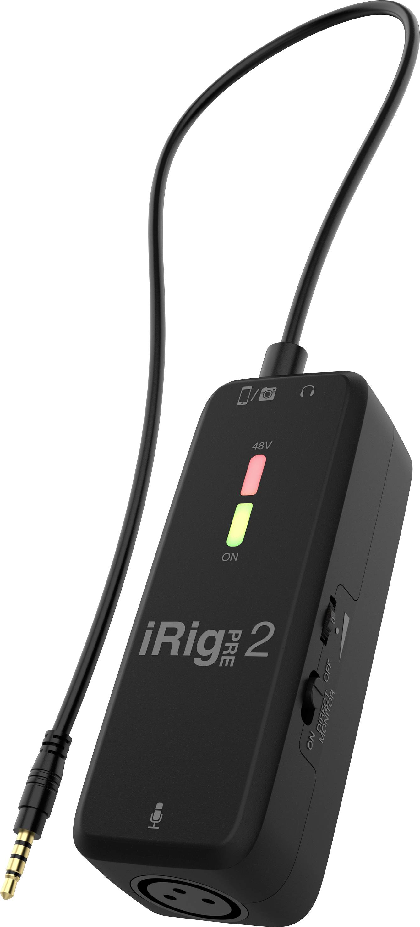 Černý iRig Pre 2. Mobilní mikrofonní předzesilovač s XLR připojením, regulátorem hlasitosti, LED indikátory a 3,5mm jack konektorem.