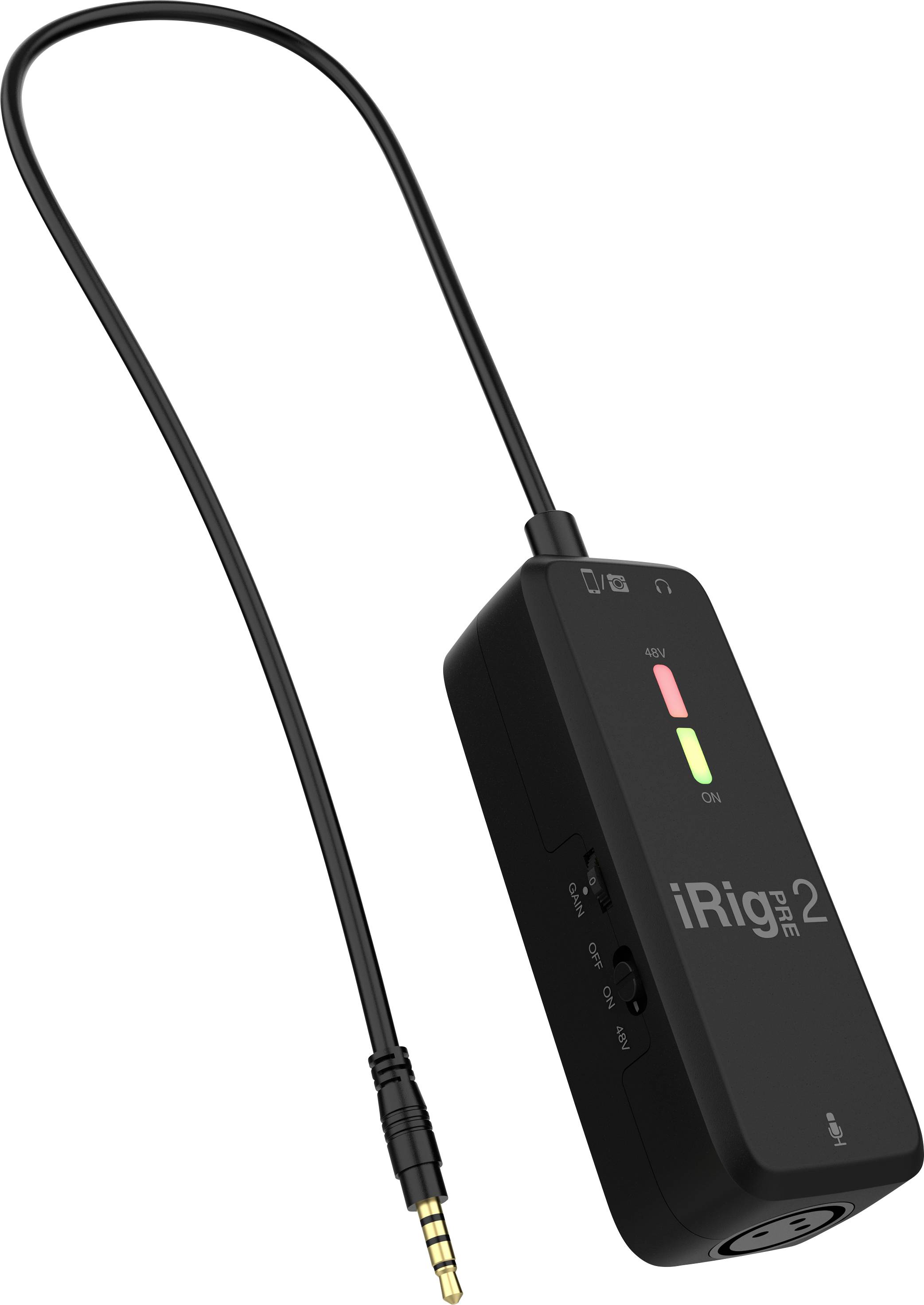iRig 2 audiopřevodník s kabelem a 3,5mm jack konektorem. Zařízení je černé s indikačními LED diodami v zelené a červené barvě.