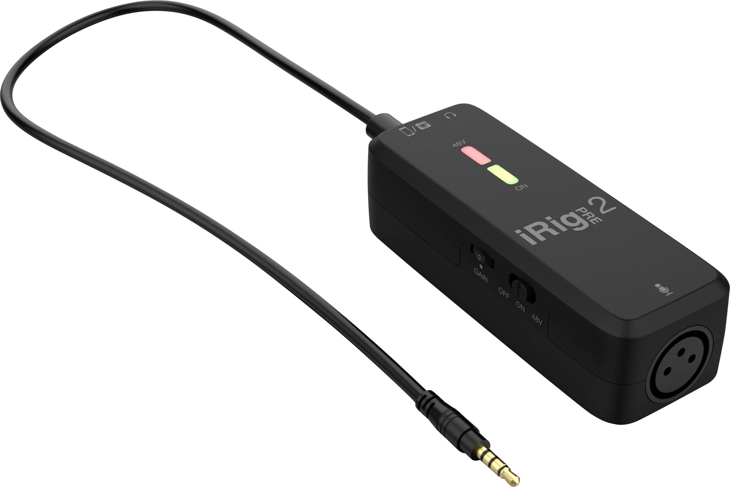 Kompaktní audio rozhraní 'iRig 2' s připojovacím kabelem a LED indikátory, vhodné pro hudební nástroje nebo mikrofony pro nahrávání na mobilních zařízeních.