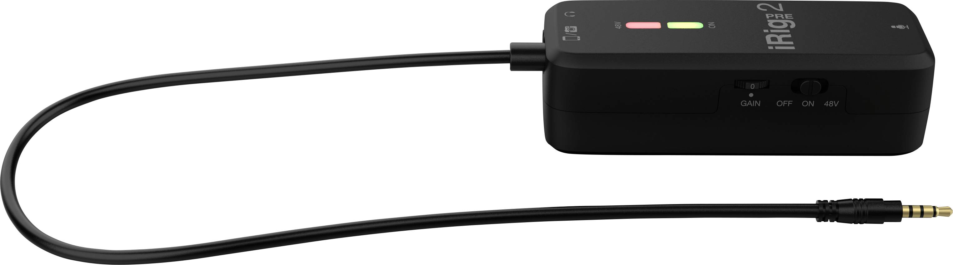 Černé audio rozhraní iRig 2 s připojeným kabelem. Zařízení je vybaveno přepínačem zesílení a výstupem pro sluchátka.