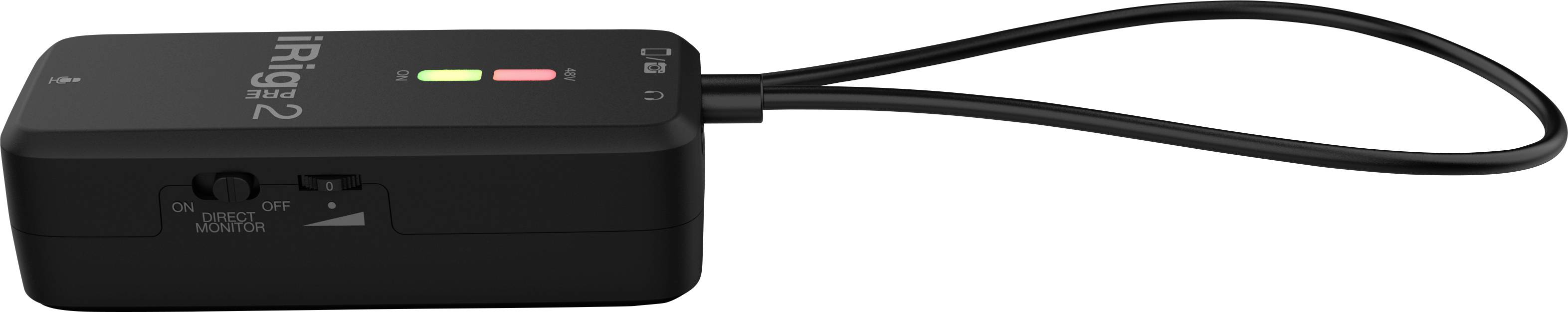 Přenosné audio rozhraní s černým tělem, připojovacím kabelem a dvěma světelnými indikátory na horní straně.
