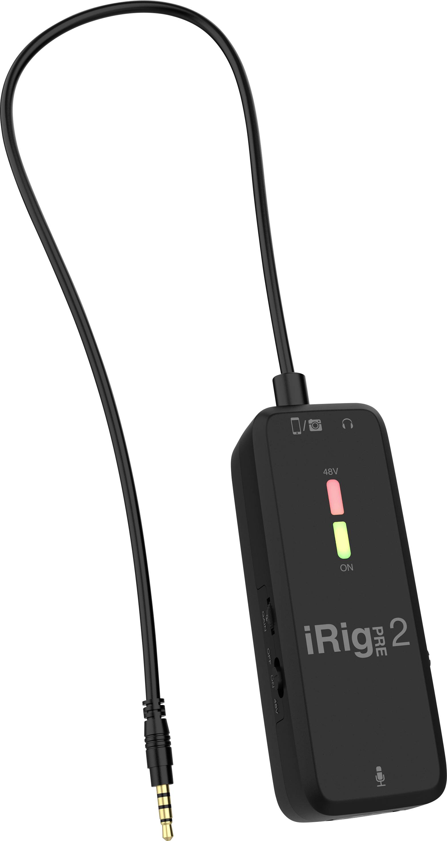 Externí mikrofonní předzesilovač s kabelem a 3,5mm jack konektorem, model 'iRig PRE 2', určený pro připojení mikrofonů k mobilním zařízením.