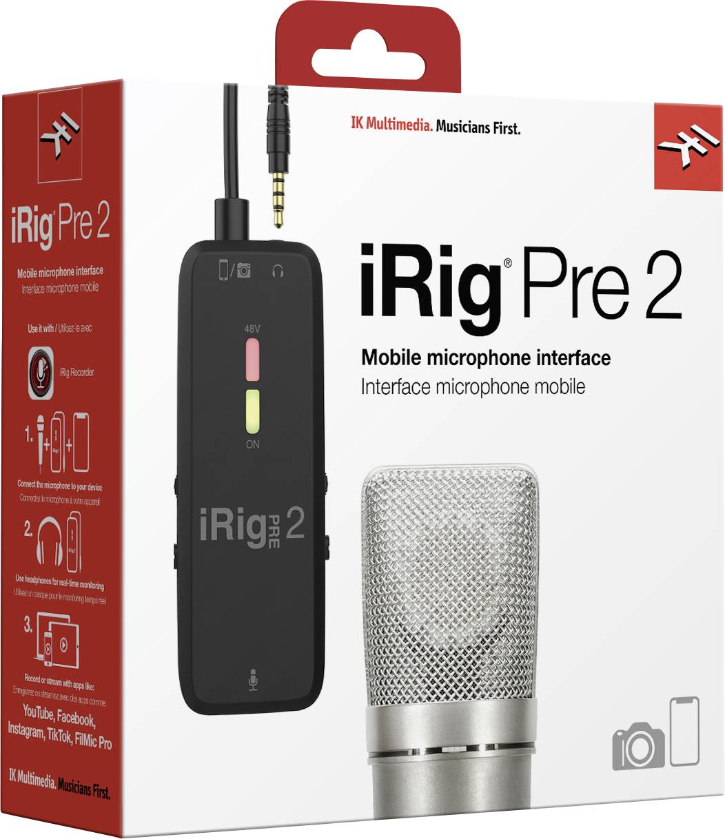 Balení iRig Pre 2, mobilního mikrofonního rozhraní s XLR konektorem a fantomovým napájením pro mobilní nahrávání na chytrých telefonech.