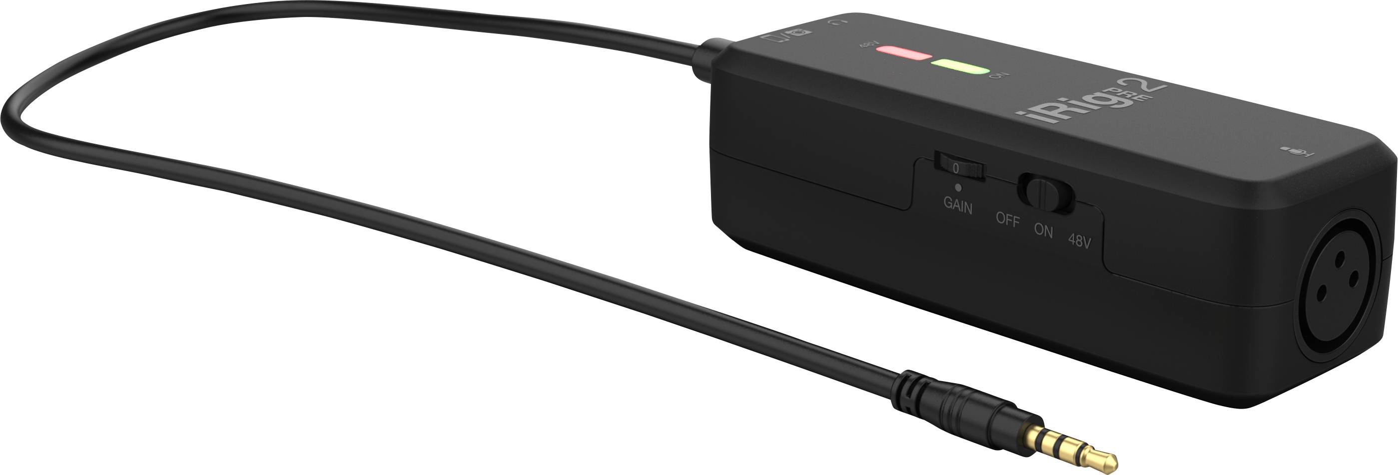Černé audio zařízení s kabelem a jack konektorem. Nápis: iRig Pre 2. Zařízení má XLR vstup a přepínač.