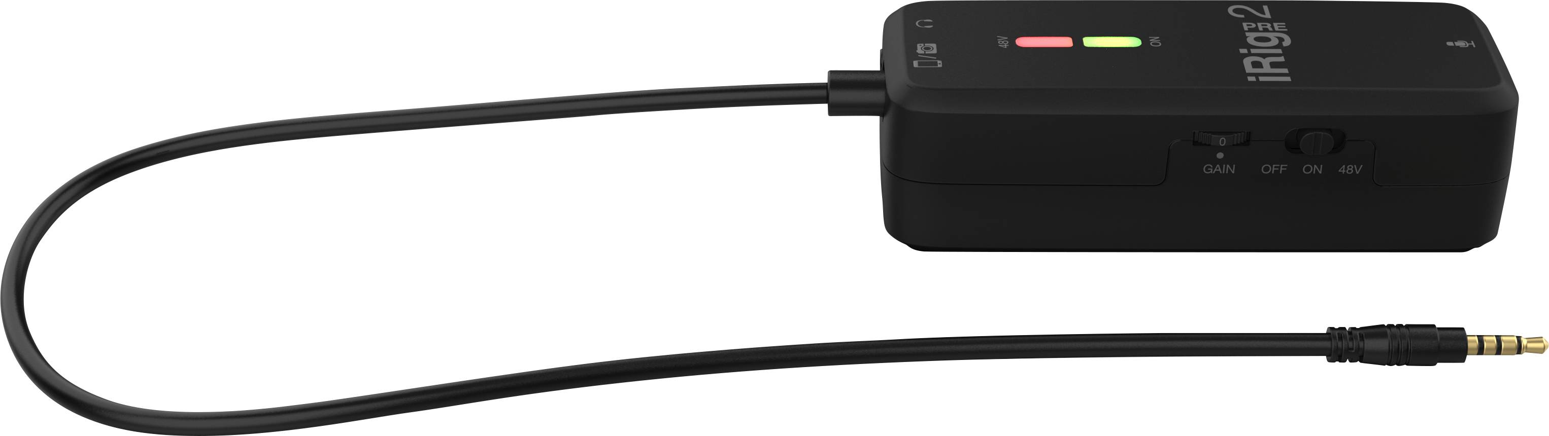 Černé audio rozhraní s nápisem 'iRig 2', kabelem a barevnými kontrolkami.