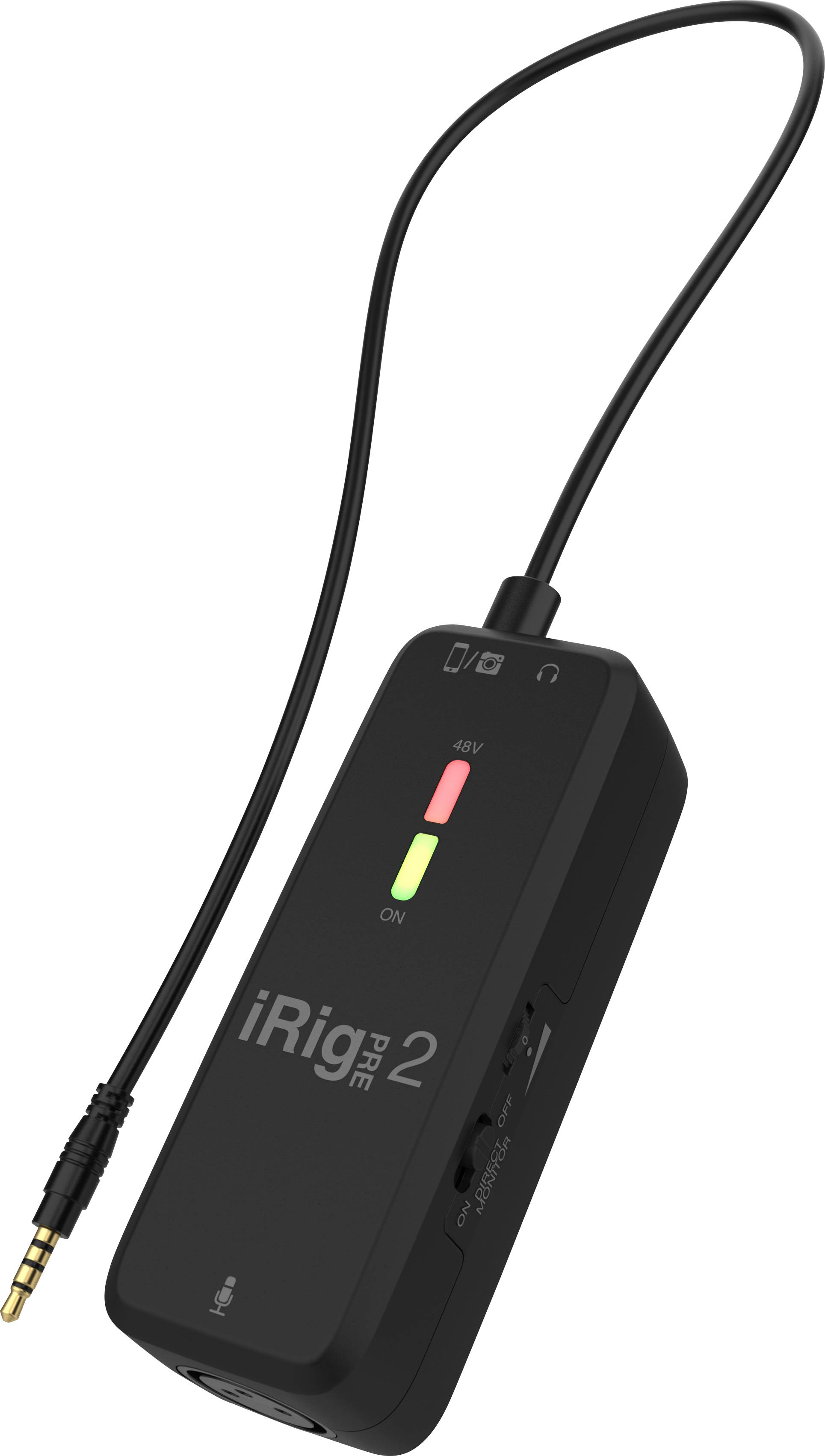 Přenosný mikrofonní předzesilovač 'iRig Pre 2' s jackovým konektorem a LED indikátory, vhodný pro nahrávání zvuku s mobilními zařízeními.
