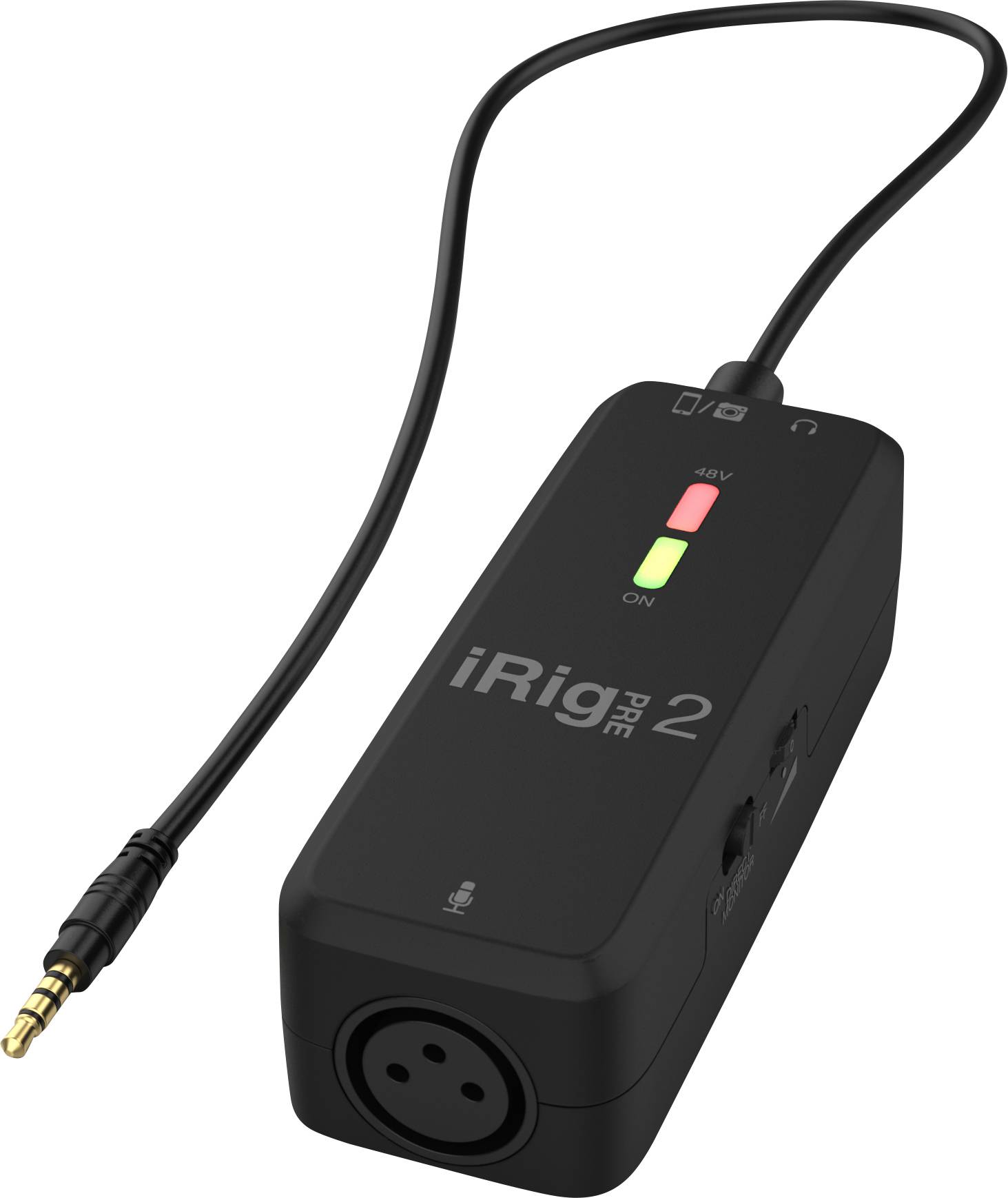 Černý iRig Pre 2 audio adaptér s XLR vstupem, připojením pro sluchátka a LED indikátory napájení a stavu.
