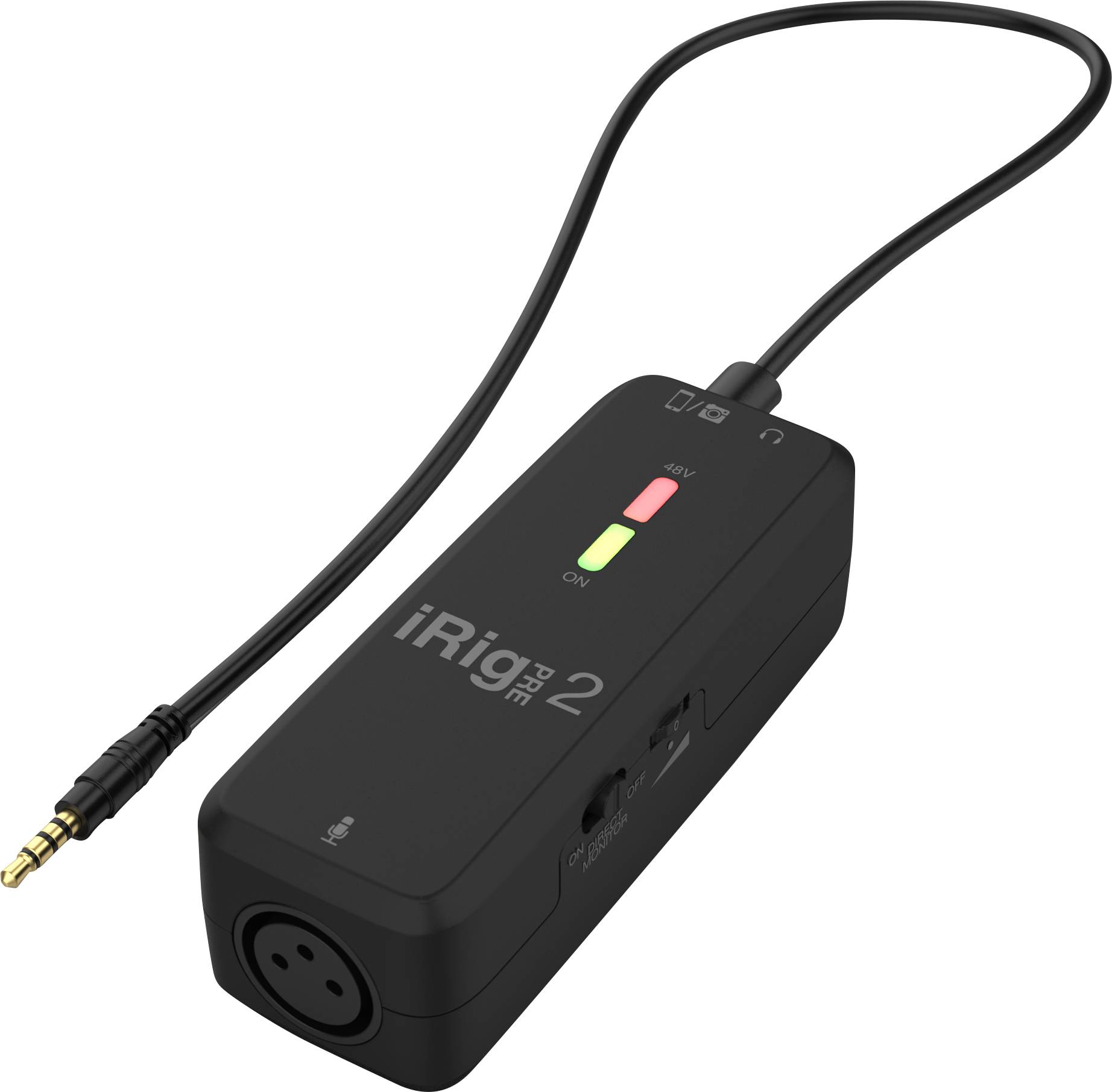 Černé iRig PRE 2 mikrofonní rozhraní s integrovaným kabelovým připojením a XLR vstupem pro připojení k mobilním zařízením.
