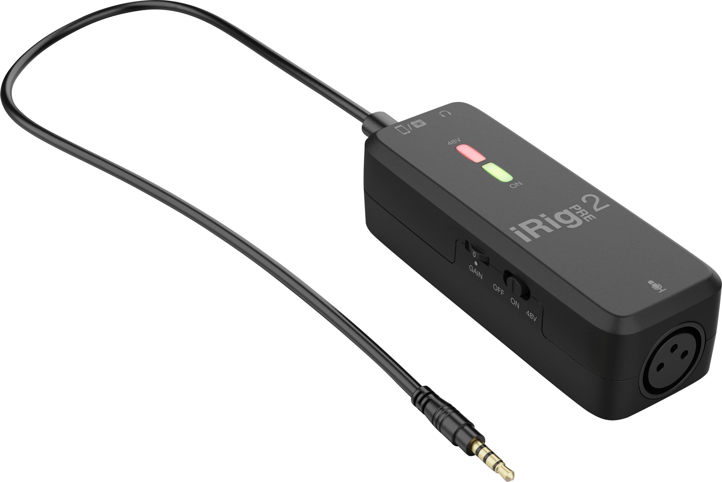 Adaptér pro audionahrávání s XLR konektorem, integrovaným předzesilovačem, dvěma LED diodami pro signál a napájení, 3,5mm jack konektorem.