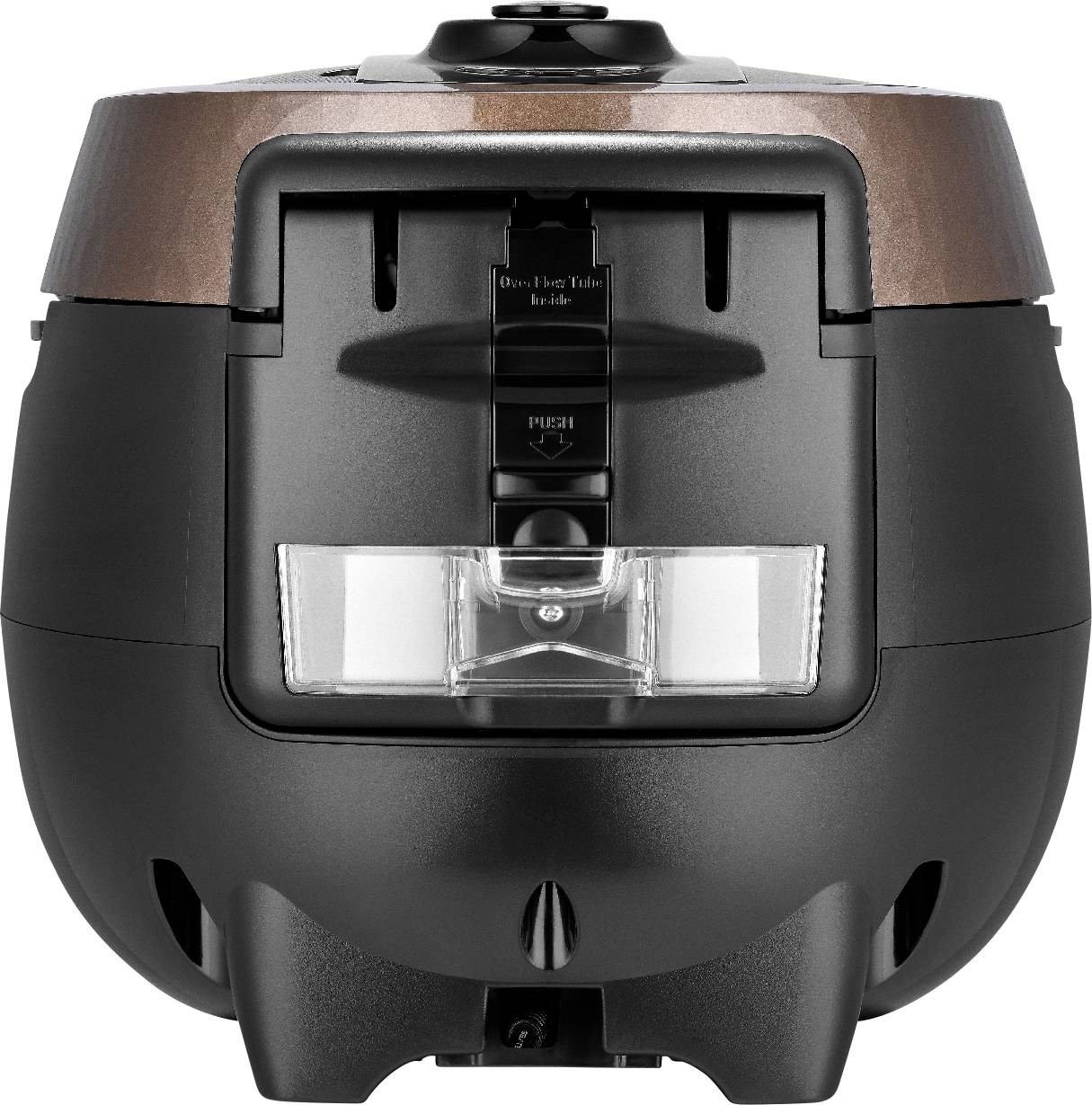 Černý elektrický varný hrnec s hnědou poklicí, pohled zepředu. V centru pozornosti ovládací panel nahoře a stříbrný zámek.