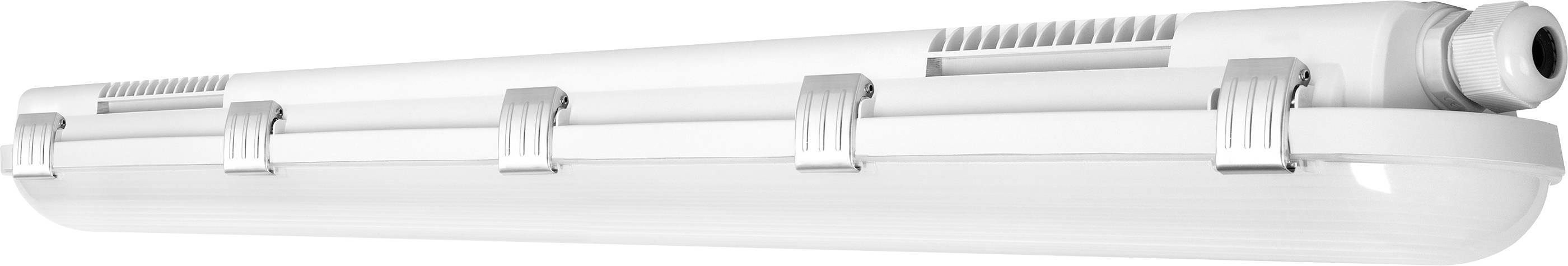 Podlouhlé bílé LED svítidlo s několika stříbrnými úchyty, vhodné pro průmyslové nebo komerční osvětlení.