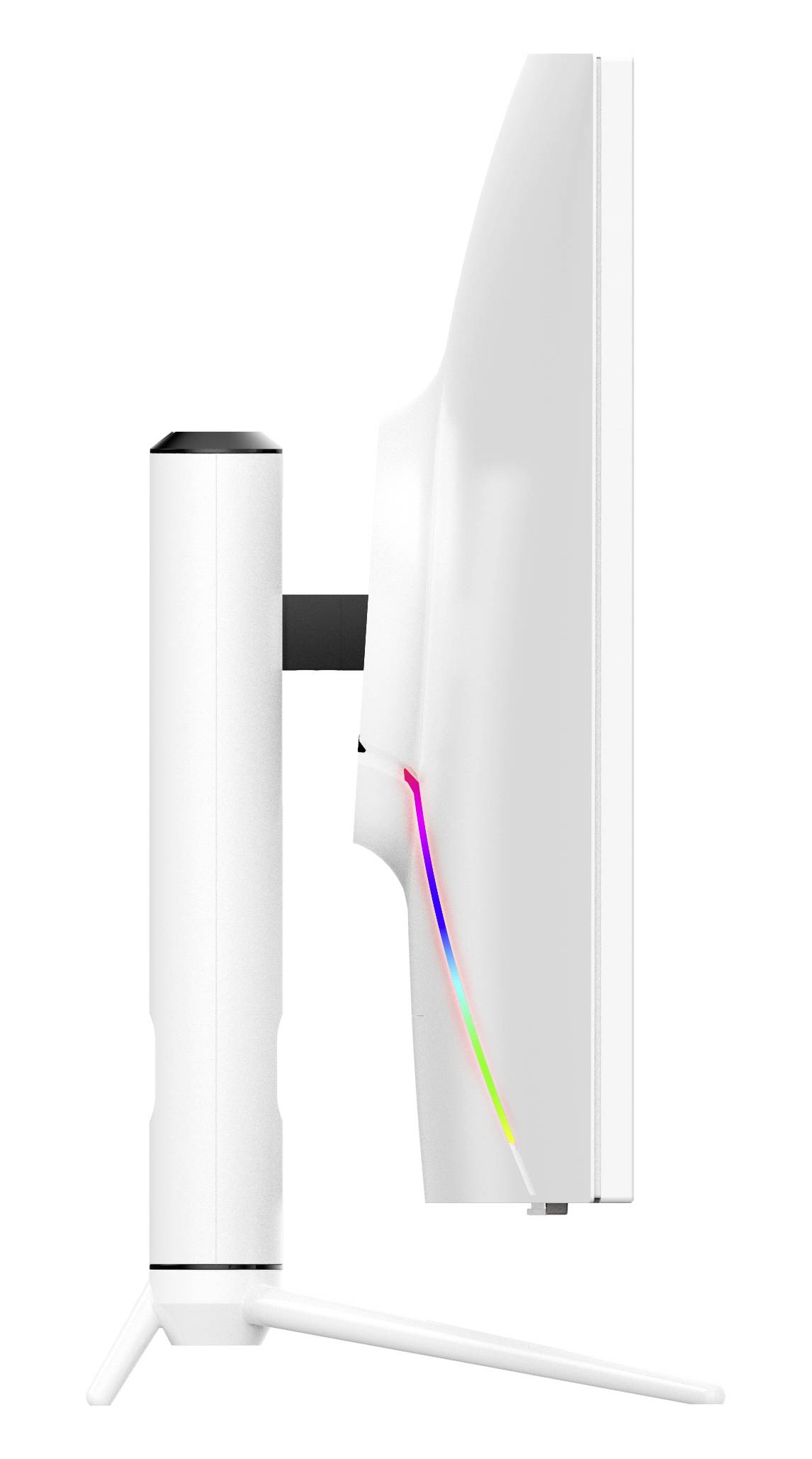 Bílý počítačový monitor z bočního pohledu, ukazující štíhlý design s osvětleným pruhem v barvách duhy na okraji.