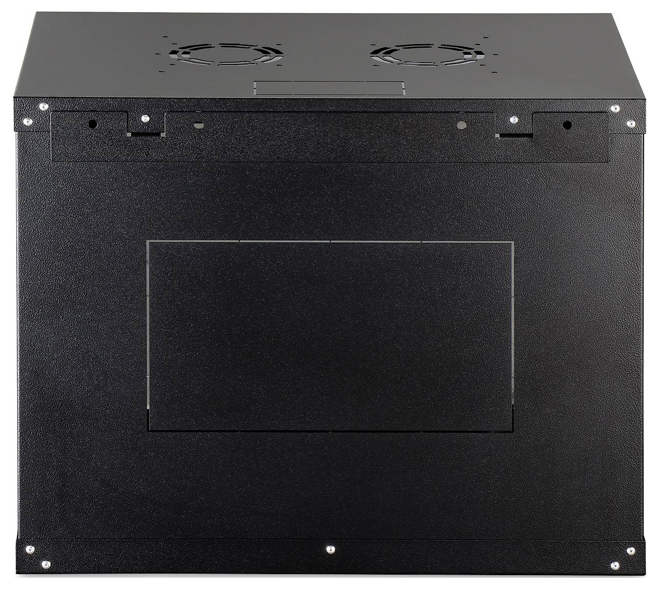 Černý serverový rack pohled zepředu, se vzduchovými ventilátory nahoře a centrálním odnímatelným panelem.