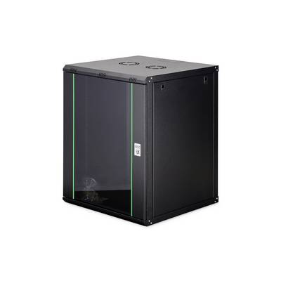 Černá serverová skříň s zelenými akcenty, vybavená předními skleněnými dveřmi, ventilací nahoře a bezpečným uzamykacím mechanismem.