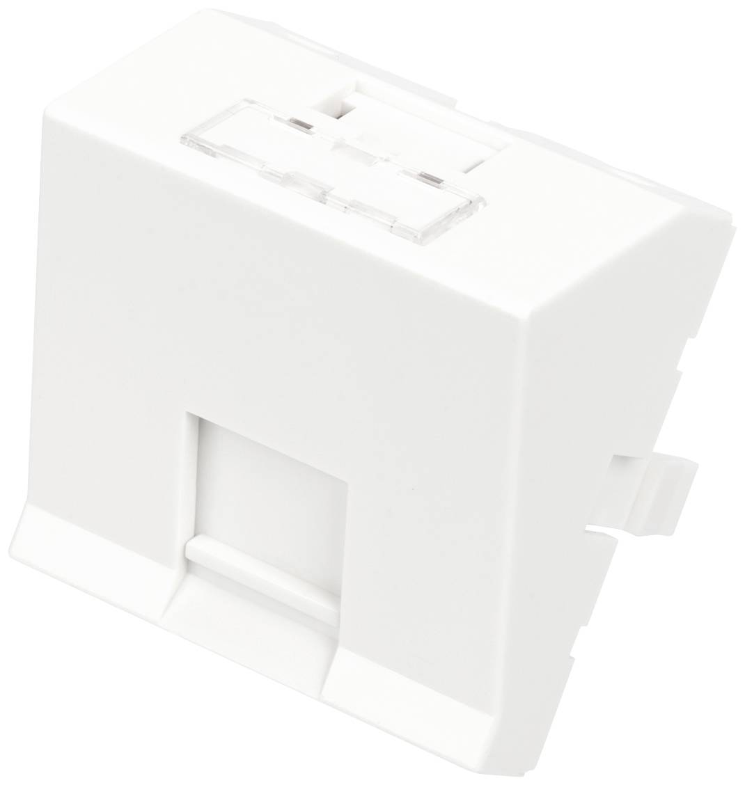 Bílé nástěnné připojovací pole se dvěma porty RJ45 pro připojení ethernetových kabelů, vhodné pro síťové připojení v interiérech.