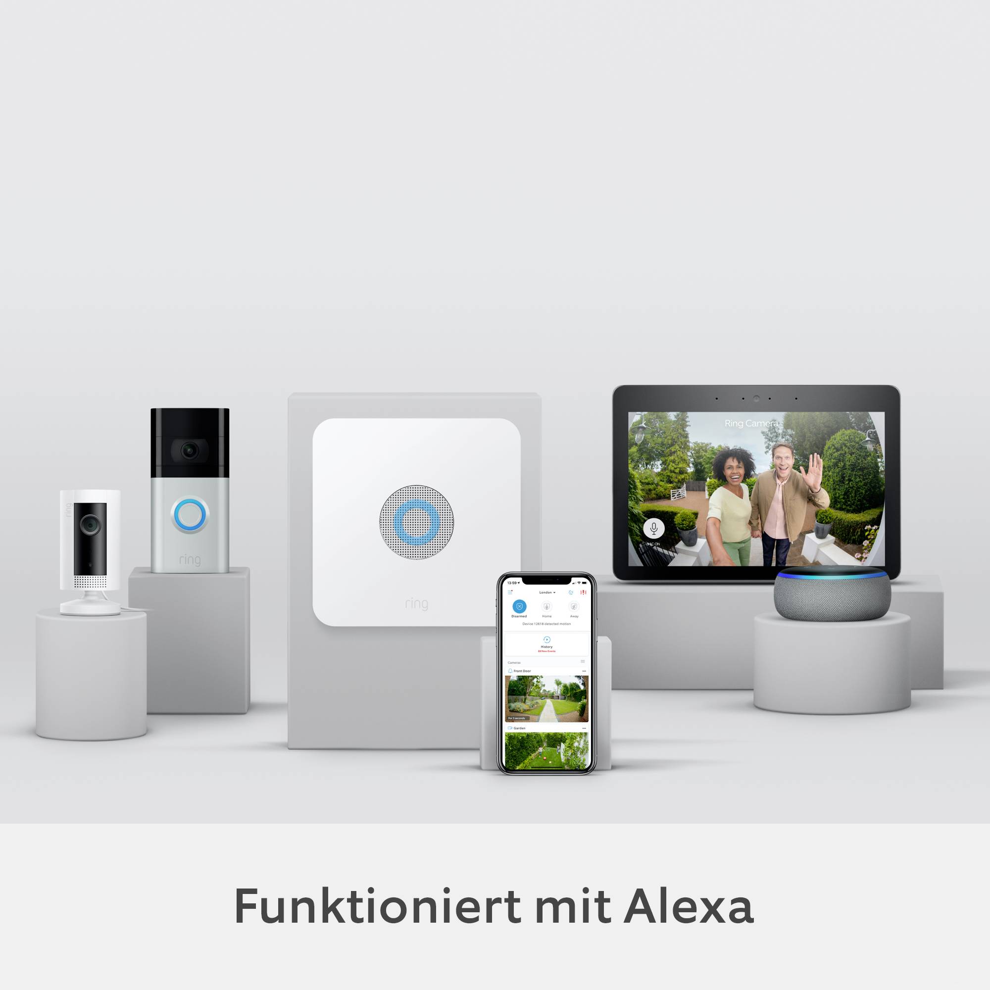 Zařízení ukazují chytrou domácí technologii, která funguje s Alexou, včetně kamery, monitoru a mobilní aplikace.