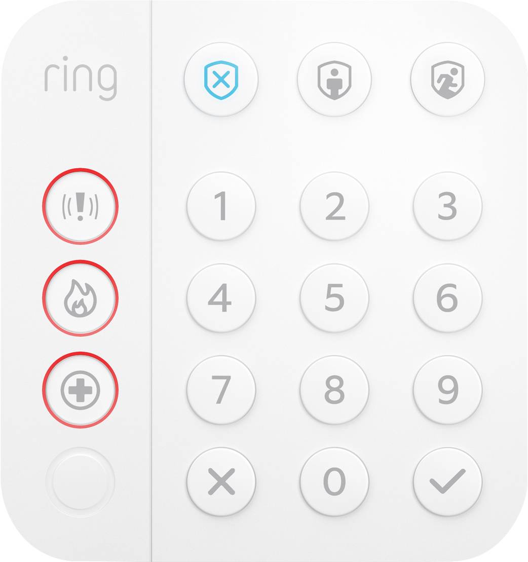 Klávesnice s numerickými tlačítky a symboly pro poplach, požár a tísňovou pomoc. Vlevo nahoře logo 'ring'.