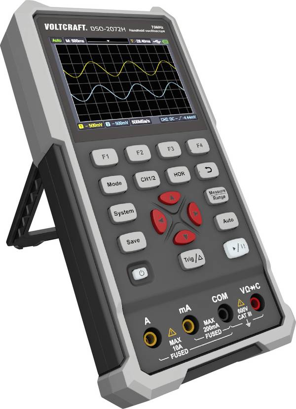 VOLTCRAFT DSO-2072H Ruční osciloskop Kalibrováno dle (ISO), 70 MHz, 2kanálový, 250 MSa/s, 8 kpts, 8 Bit, ruční provedení, generátor funkcí, funkce multimetru, 1 ks, VC-11901280-ISO