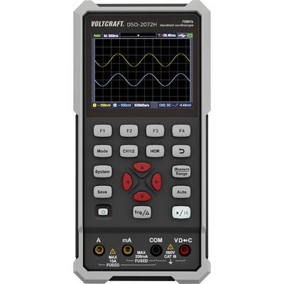 Přenosný osciloskopický tester s displejem. Zobrazuje dva vlnovité signály. Různé ovládací knoflíky pro nastavení. Model Voltcraft DSO-2072H.