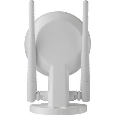 Bílý, kulatý router Wi-Fi se dvěma vzpřímenými anténami stojí vzpřímeně, pohled zezadu bez viditelného označení značky.