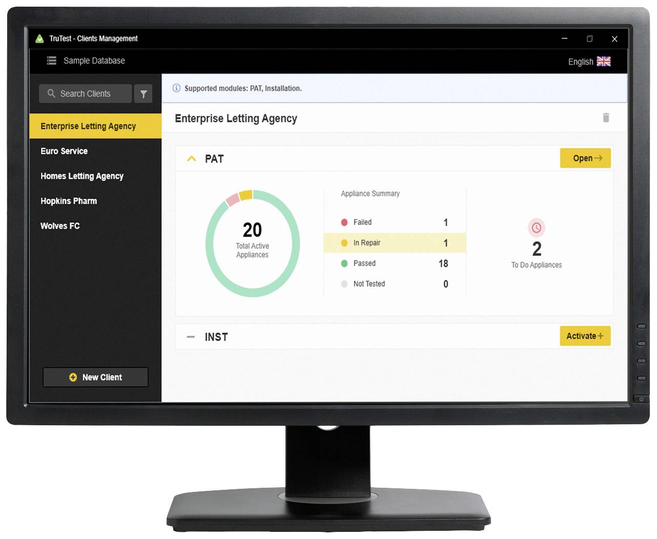 Počítačový monitor zobrazuje administrativní software se statistikami pro 'Enterprise Letting Agency': 20 zařízení aktivních, 1 v opravě, 1 selhalo.