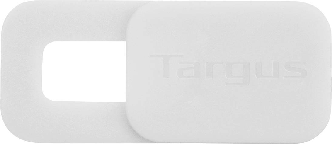 Bílý kryt webkamery s nápisem 'Targus'; jedna polovina je posuvná, aby zakryla nebo odhalila objektiv.