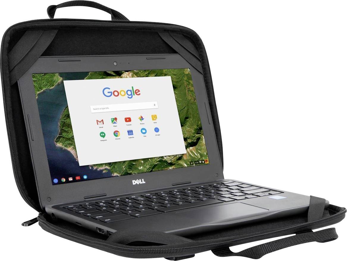 Dell notebook s otevřenou úvodní stránkou Google na obrazovce. Notebook je umístěn v přenosné tašce.