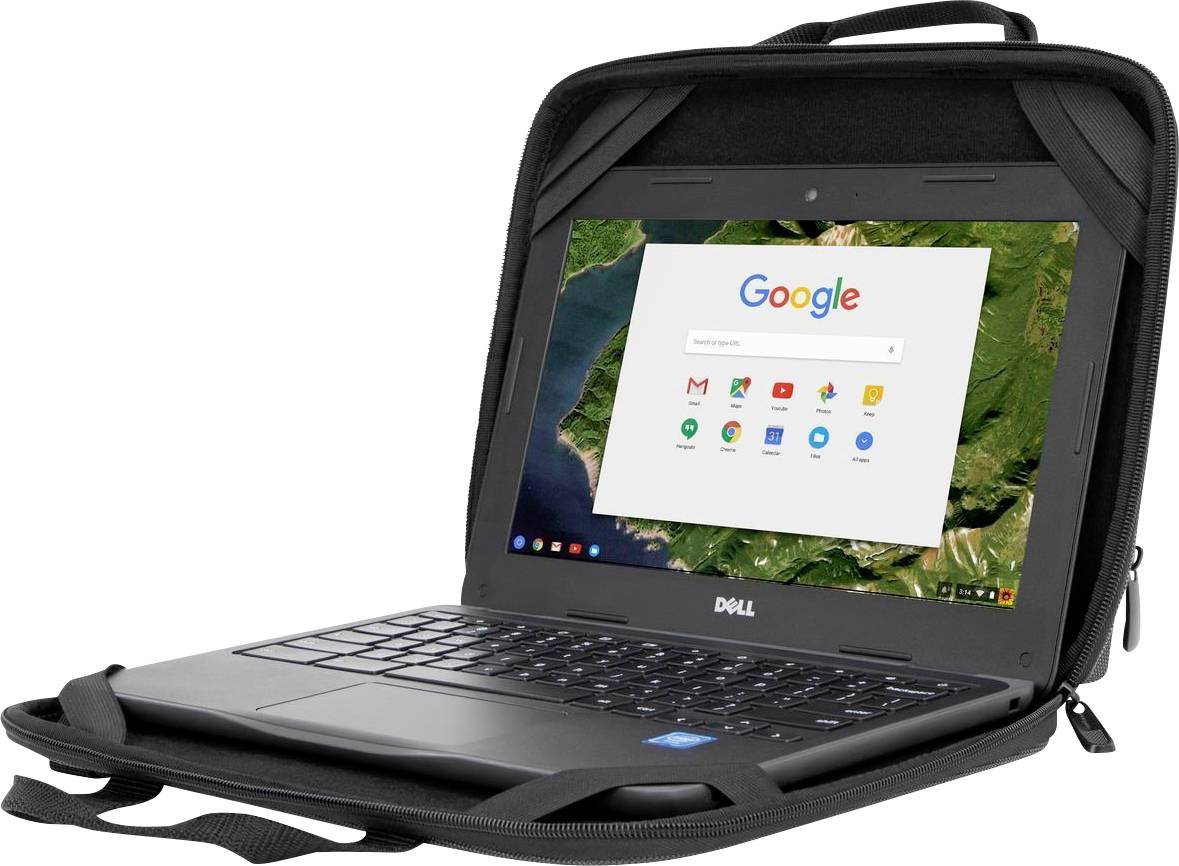 Notebook v ochranném obalu je otevřené a na obrazovce zobrazuje úvodní stránku vyhledávače Google.
