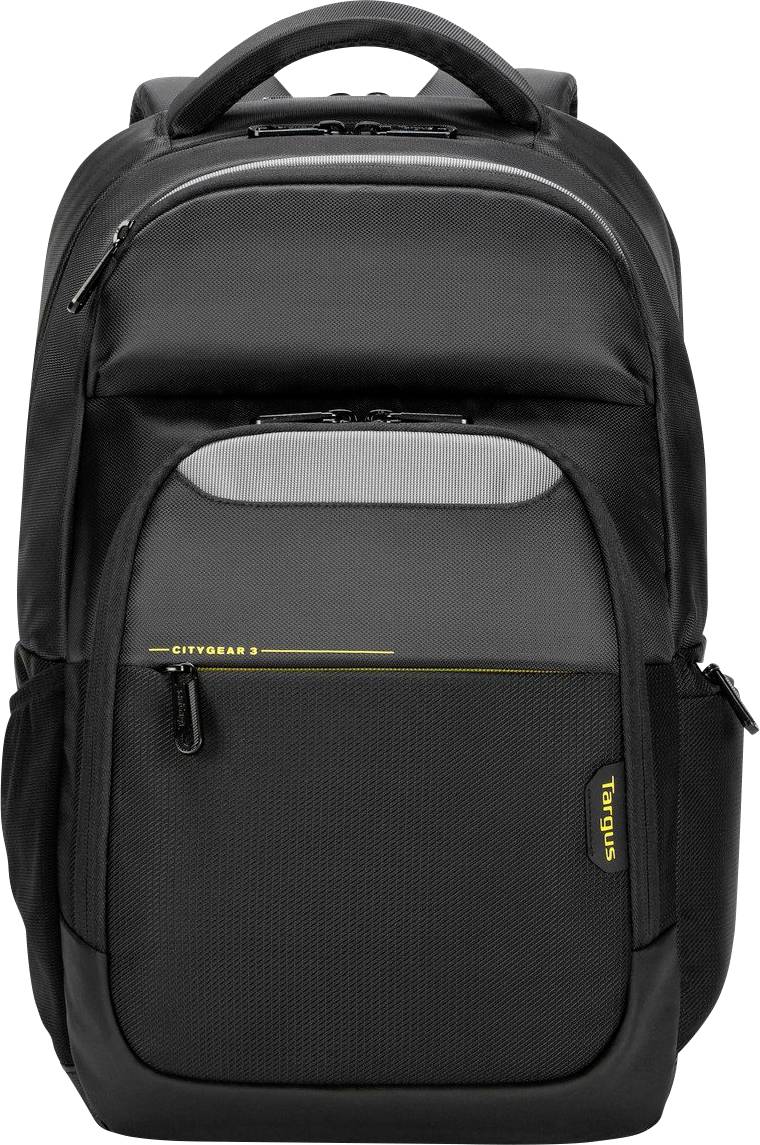 Černý batoh CityGear s několika kapsami a žlutými akcenty. Vhodný pro přepravu laptopů a příslušenství.
