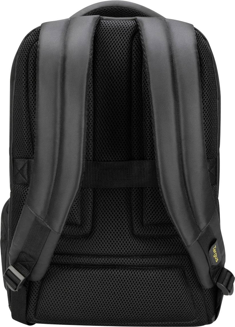 Černý batoh zachycený zezadu, s polstrovanými popruhy a prodyšnou zadní částí. Vhodný pro laptopy a knihy.