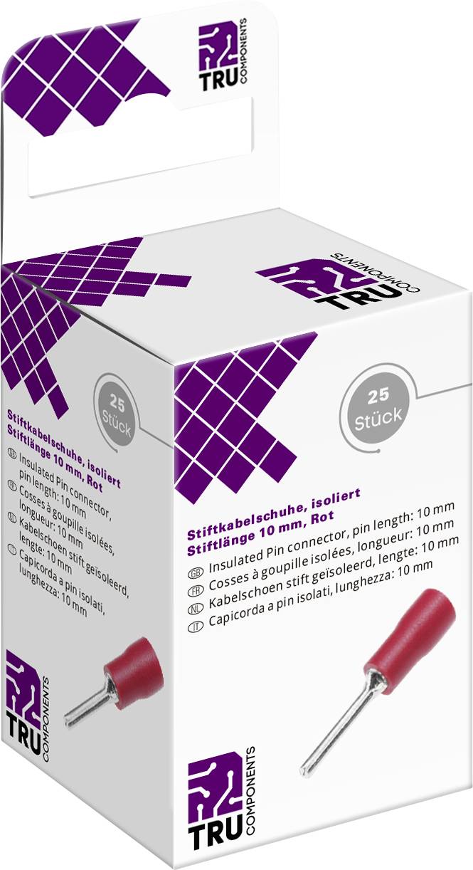 Balení obsahuje 25 izolovaných kabelových ok, 10 mm, červená. Obsahuje produktové údaje ve více jazycích a logo TRU Components.