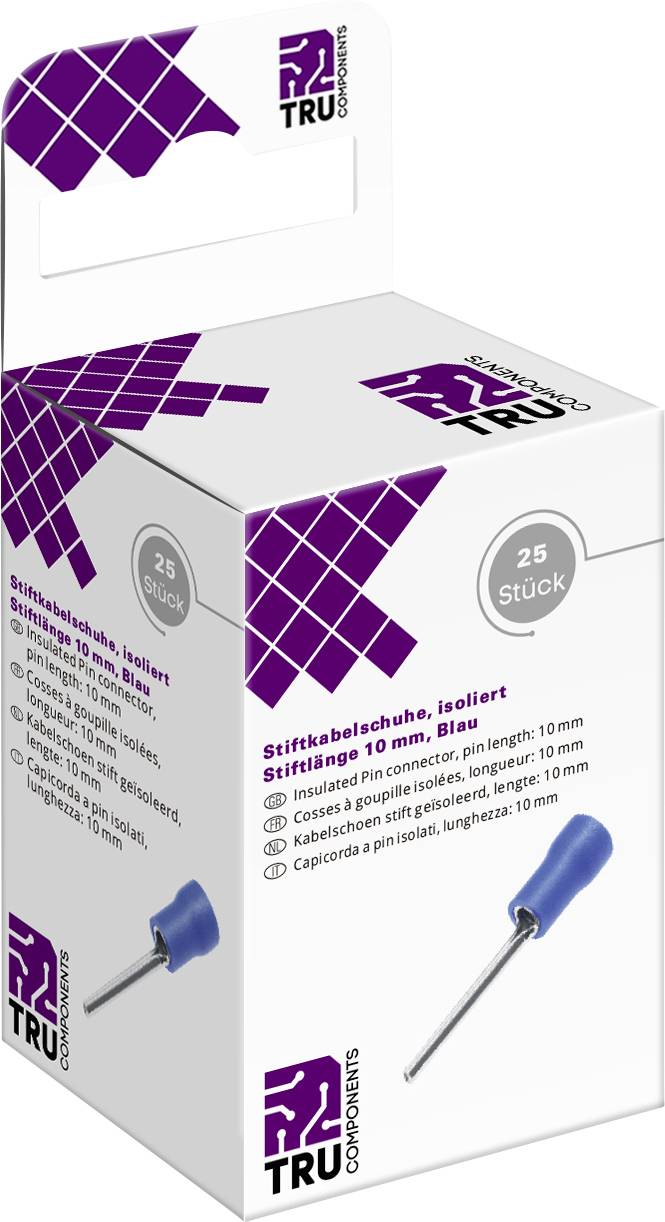 Kartonová krabice s 25 izolovanými kabelovými koncovkami, délka 10 mm, modré barvy. Viditelný název značky a logo TRU Components.