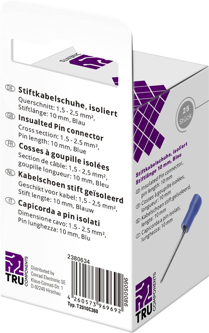 Balení obsahuje 25 izolovaných kabelových ok, průřez: 1,0-2,5 mm², modrá barva. Obsahuje obrázek šroubováku a další informace.